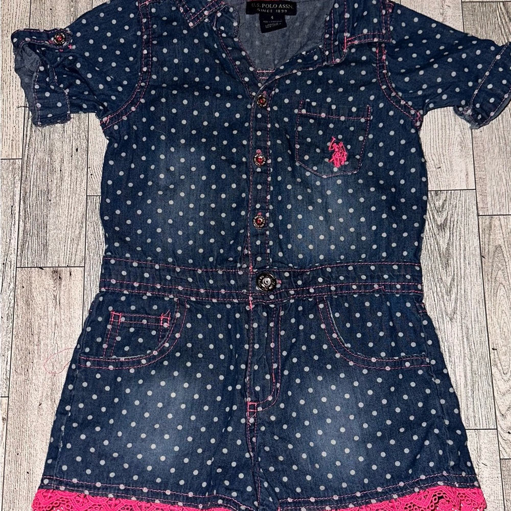 Polo Denim Polka Dot Romper with Pink Accents - 4T